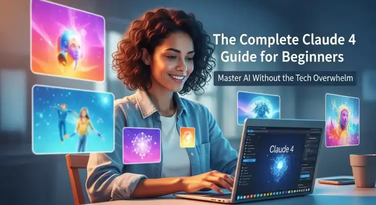 Claude 4 Beginner Guide: Mastering AI. Woman uses laptop.